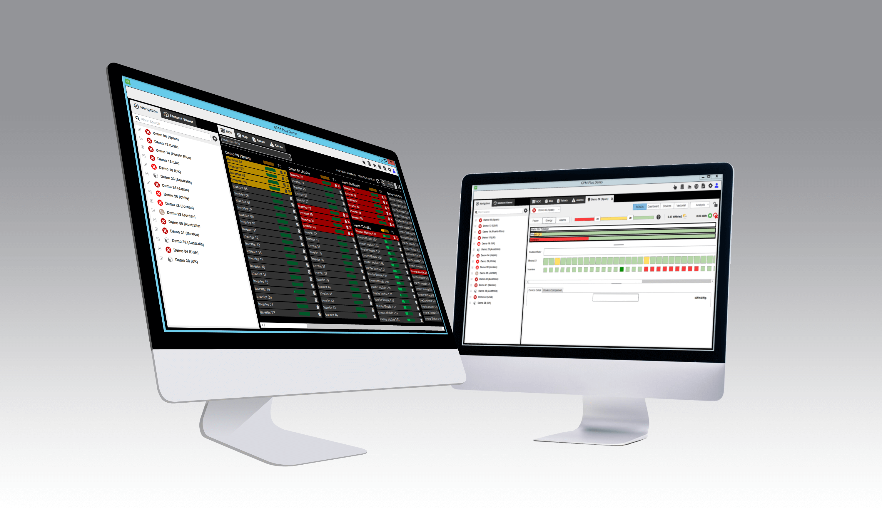two monitors showing the GPM Plus software running