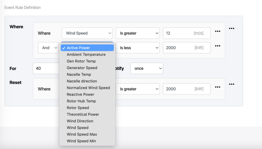 With GPM Horizon´s custom event sfeature, User can set up custom events with 10-min signals coming from SCADA and set up an event for when the wind speed exceeds a certain threshold, and the active power output of the wind turbine falls below a specified level. The settings are flexible and can include multiple conditions.